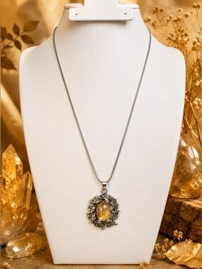 Genuine Citrine Cabochon Pendant Necklace Botanical Silver Tone 18”